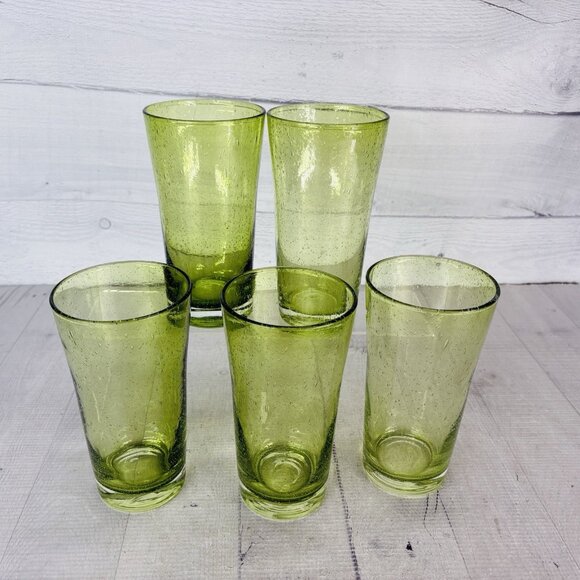 Hand-Blown Weighted Base Flared Artisan Mexico Lime Green Glass Tumbler Set of 5 - Picture 7 of 16